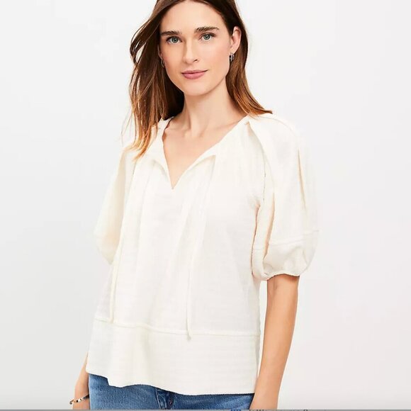 NWT Loft Ivory Peasant Lantern Puff Sleeve Tie Blouse Size XS - Picture 1 of 7